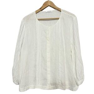 FRAME Women’s Pinstriped White Linen Button-up 3/4”  Sleeve Blouse
